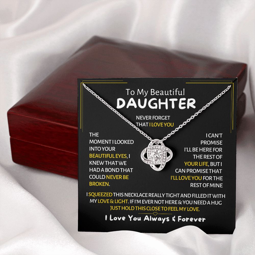 To My Daughter - Forever Yours Necklace, Forever Yours Necklace on a To My Beautiful Daughter card, mahogany LED box on silk