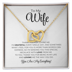 To My Wife - Interlocking Hearts Necklace, pendant with message card on white, 18k Yellow Gold Finish