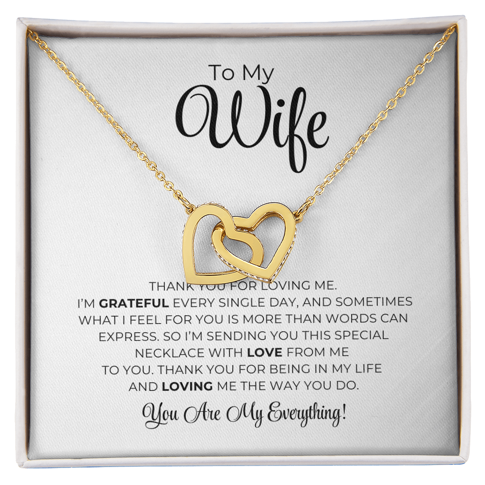 To My Wife - Interlocking Hearts Necklace, pendant with message card on white, 18k Yellow Gold Finish