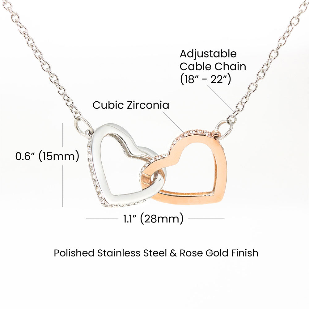 To My Daughter - Interlocking Hearts Necklace, pendant on white with dimensions