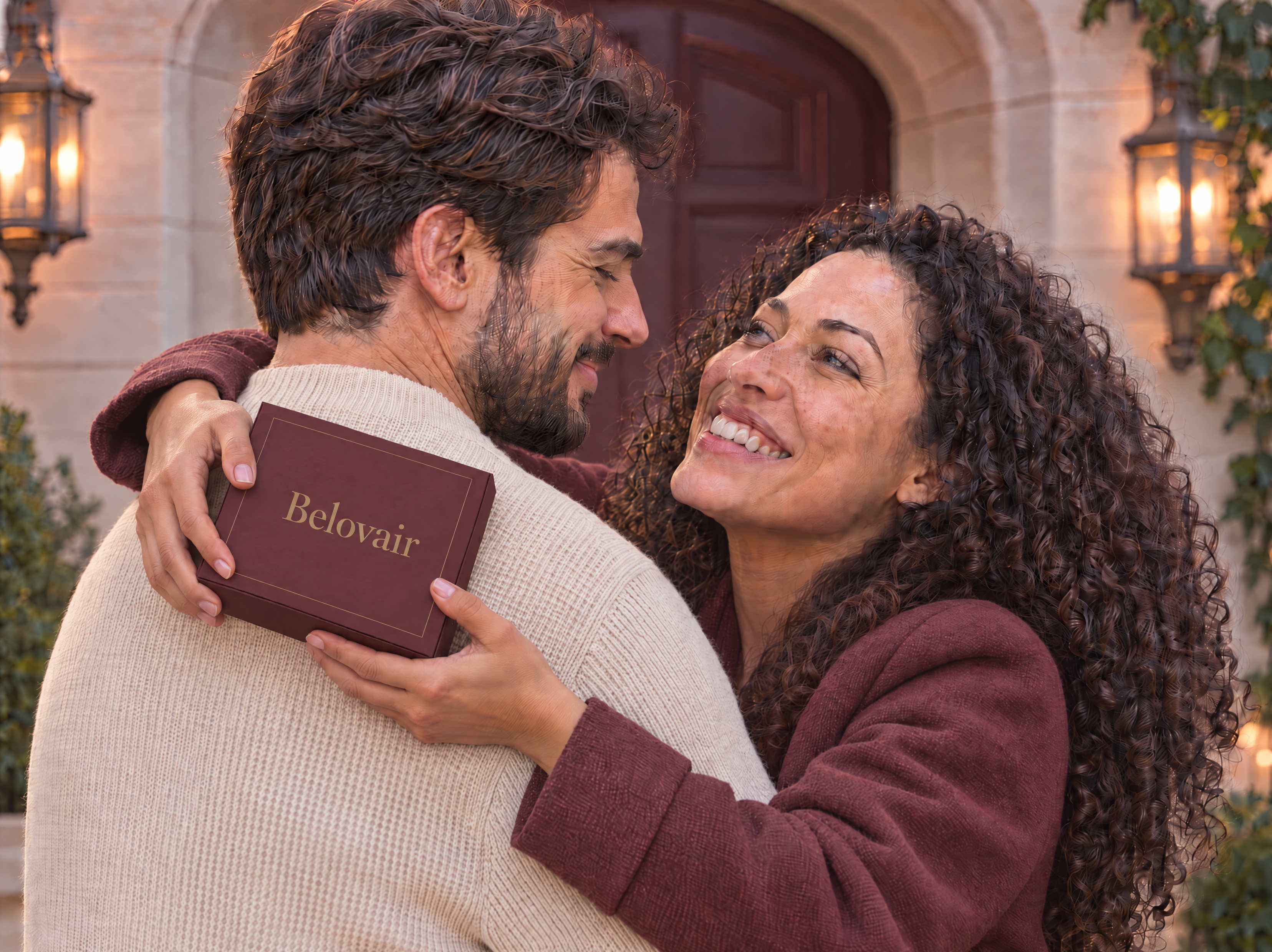 A smiling woman embracing her partner while securely holding a Belovair gift box