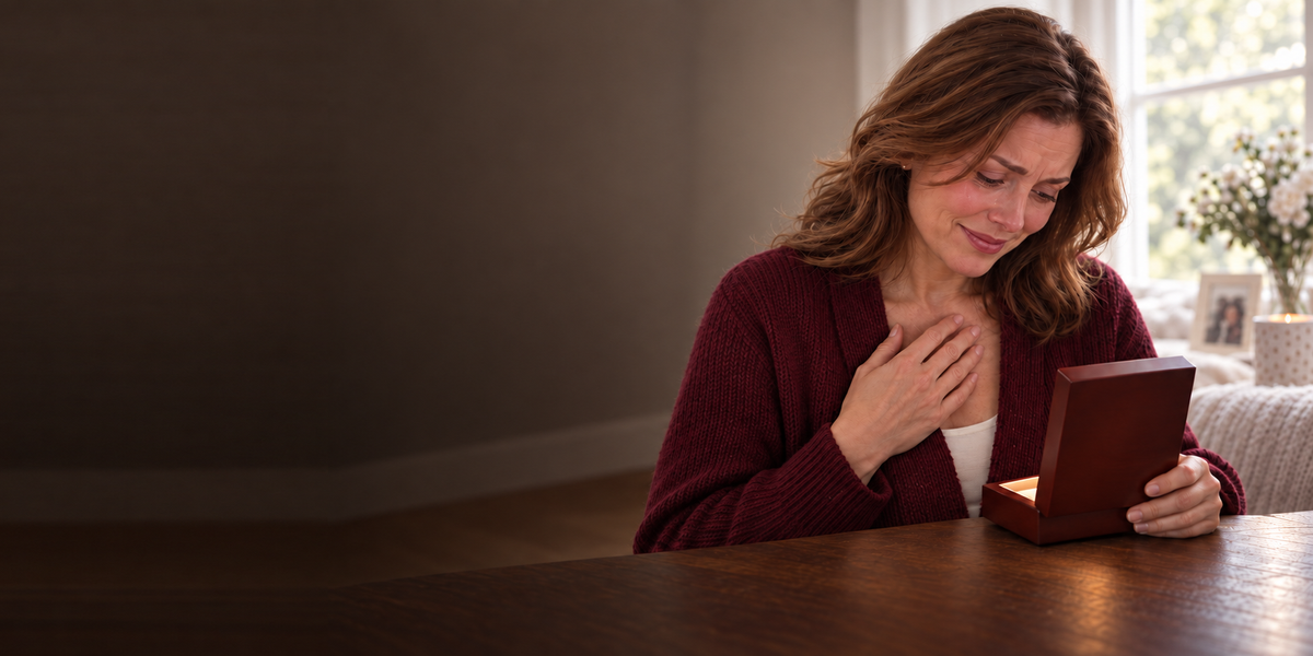 A woman reads the message inside a gift box facing her, moved to tears with her hand over her heart.