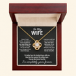 Gold Forever Yours Love Knot necklace with the selected Wife message card in a mahogany presentation box
