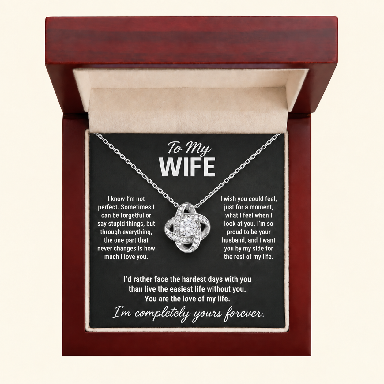 Silver Forever Yours necklace and selected Wife message card in a mahogany presentation box