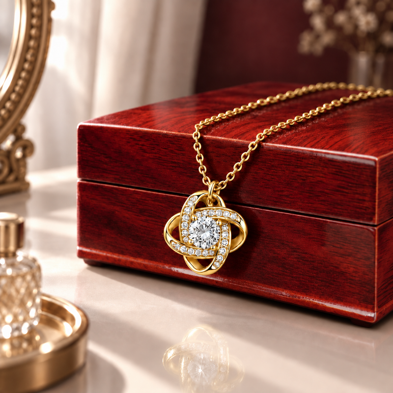 Gold Forever Yours Love Knot necklace draped over a closed mahogany box on a dressing table
