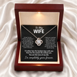 Silver Forever Yours Love Knot necklace with the selected Wife message card in an open Luxury light-up box on ivory satin