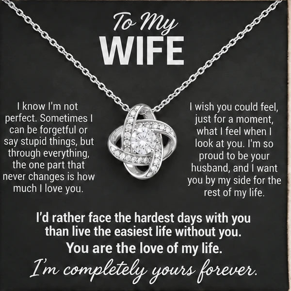The Forever Yours necklace and your Wife message card, shown out of the box